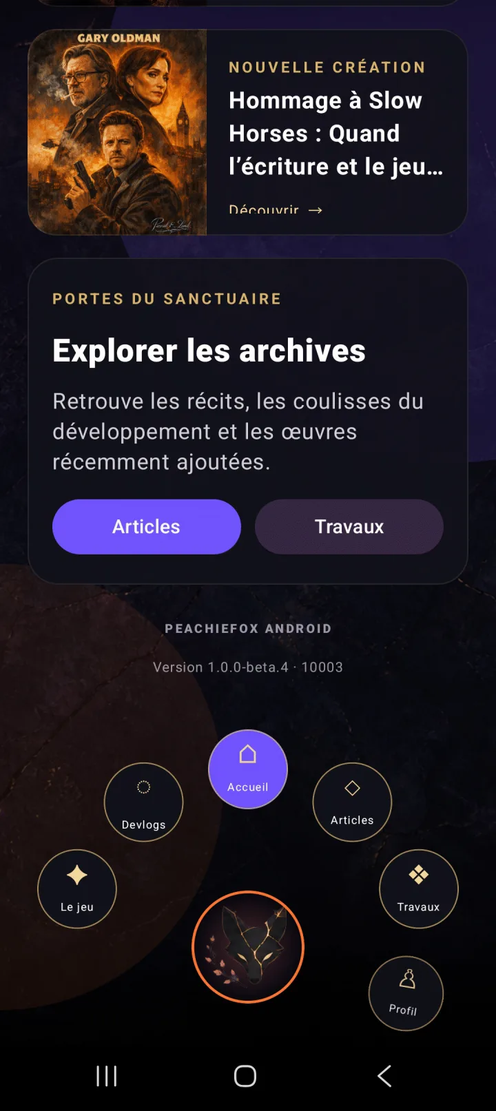 Navigation PeachieFox dans l’application Android PeachieFox