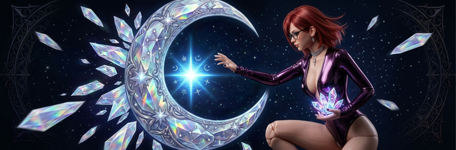 Erin entourée d'Éclats de Lune, symbole du soutien aux projets PeachieFox